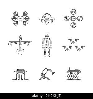 Jeu d'icônes à lignes fines de haute technologie.Robot intelligent artificiel, quadcopter, drone, plan et manipulateur. Illustration de Vecteur