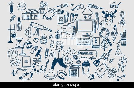 Des symboles et des icônes de l'école dessinés à la main. Illustration de Vecteur