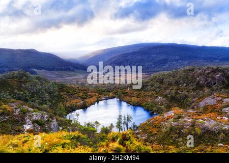 Lac wombat sur le circuit du lac Dove autour du parc national de Cradle Mountain avec vue en hauteur vers le parc automobile de Ronny Creek. Banque D'Images