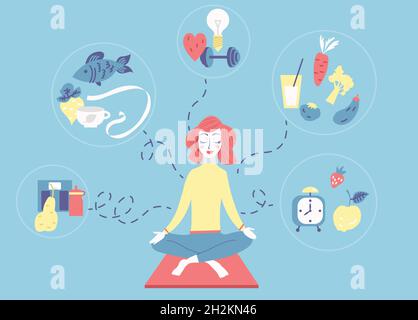 Fille assise dans la position de lotus et méditant Illustration de Vecteur