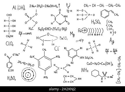 Formules de chimie dessinées à la main formation à la connaissance scientifique. Illustration de Vecteur