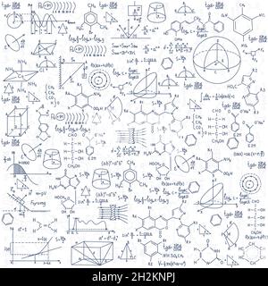 Formules de chimie dessinées à la main formation à la connaissance scientifique. Illustration de Vecteur