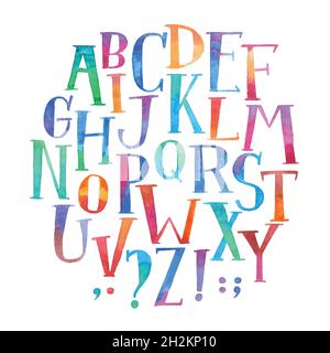 Aquarelle colorée aquarelle police type manuscrit main dessiner abc lettres de l'alphabet. Illustration de Vecteur