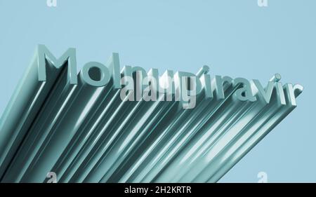 Poltava, Ukraine - 19 octobre 2021 comprimés de Molnupiravir, traitement du covid.Traitement du coronavirus, rendu 3d.arrière-plan de texte bleu Banque D'Images