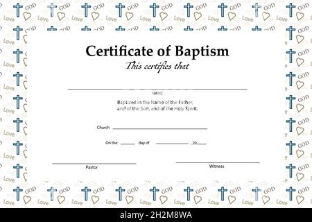 Modèle de certificat de baptême avec l'inscription Dieu Amour et le motif de symbole de la bible sans couture. Banque D'Images