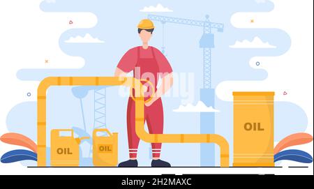 Illustration du vecteur de l'industrie du gaz du pétrole.Extraction de brut, usine de raffinage, forage, station-service, tuyau d'utilisation de réservoir et livraison de carburant par camion Illustration de Vecteur