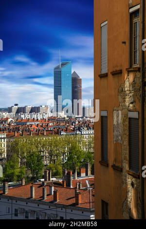 Buildings and downtown of Lyon in long exposure seen from Croix Rousse hill Stock Photo