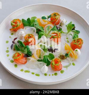 saumon gralax, saumon frais saumué au sel et au sucre dans une assiette de service avec feuilles et garniture, cuisine fine Banque D'Images