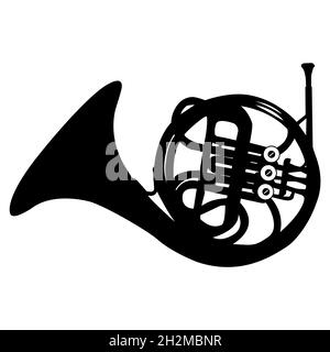 Corne française noire sur fond blanc.Panneau musique French Horn. style plat. Banque D'Images