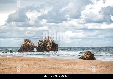 Formations rocheuses sur la plage contre le ciel.Belle plage de sable de l'océan avec de grandes rochers sur la rive et dans l'eau.De puissantes vagues sur l'océan.Eau de l'océan Banque D'Images