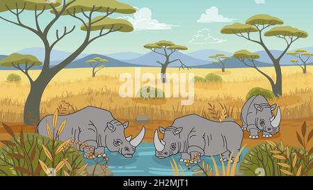 Paysage africain vectoriel dans un style de dessin animé plat.Groupe de hippos dans l'environnement naturel Illustration de Vecteur