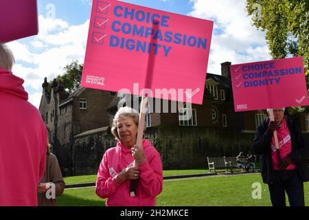 Une femme tient un écriteau exprimant son opinion à Abingdon Street pendant la manifestation.Les manifestants soutiennent l'euthanasie légale pour les patients en phase terminale ayant une pleine capacité mentale et qui ne devraient pas vivre plus de six mois. Banque D'Images