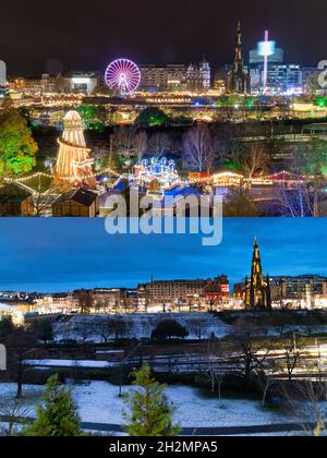 Des scènes contrastées de Hogmanay en 2019 et 2010 montrant les effets du confinement de Covid-19 sur les célébrations dans la ville. Banque D'Images