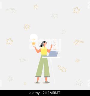 Illustration de l'utilisation d'un ordinateur portable pour fille ayant de nouvelles idées étonnantes et faisant une liste de contrôle.Lady Drawing travailler sur Minicomputer ramasser l'ancien objectif faire Illustration de Vecteur