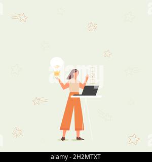 Illustration de l'utilisation d'un ordinateur portable pour fille ayant de nouvelles idées étonnantes et faisant une liste de contrôle.Lady Drawing travailler sur Minicomputer ramasser l'ancien objectif faire Illustration de Vecteur