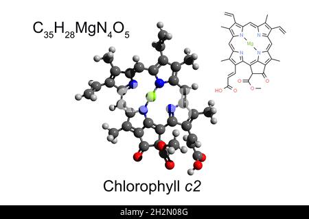 Formule chimique, formule squelettique et modèle 3D boule-et-bâton du pigment chlorophylle a, fond blanc Banque D'Images
