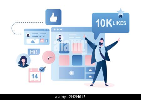 Les suiveurs donne comme signe et très heureux homme d'affaires avec 10 mille aime.Personnages masculins dans le style tendance, social netwotk page web sur fond, vec Illustration de Vecteur