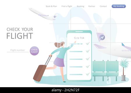 Vérifiez votre page d'atterrissage de vol, grand smartphone à l'intérieur de l'aéroport et fille de course à pied avec la valise, dernier appel sur la page Web de concept d'embarquement, prendre d'avion Illustration de Vecteur
