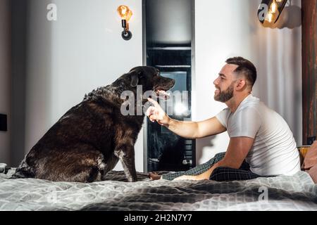 Sourire homme moyen adulte chien de chasse dans la chambre Banque D'Images