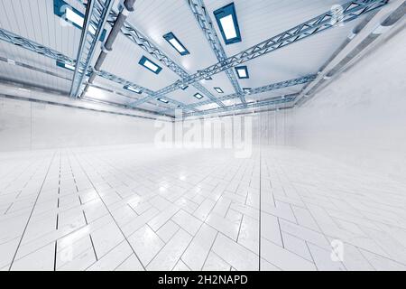Rendu tridimensionnel de l'intérieur d'un entrepôt vide lumineux Banque D'Images