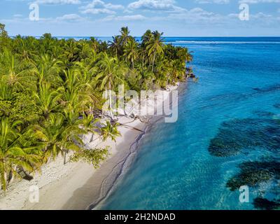 Maldives, Meemu Atoll, Veyvah, vue aérienne des palmiers et plage de sable de la petite île dans l'océan Indien Banque D'Images