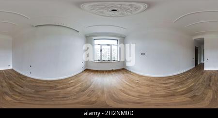 Vue panoramique à 360° de chambre vide sans meubles full sphérique hdri panorama 360 degrés dans la salle blanche intérieure pour bureau, magasin ou clinique avec fenêtres panoramiques en equ