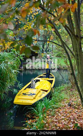 14 octobre 2021, Brandebourg, Lübbenau: Andrea Bunar, la Deutsche Post living woman, est à l'extérieur dans sa barge de courrier jaune dans le Spreewald d'automne.L'automne est ici et avec elle la fin de la saison de livraison de barges dans le Spreewald.Le 15 octobre 2021, la postfemme Andrea Bunar montera dans la barge jaune pour la dernière fois cette année.Jusqu'au printemps, l'homme de 50 ans devra se rapprocher autant que possible des maisons et ensuite couvrir de plus longues distances à pied.A partir de maintenant, Deutsche Post utilisera le transporteur électrique Street Scooter lors de cette excursion.Cela signifie que les livraisons dans le SP Banque D'Images