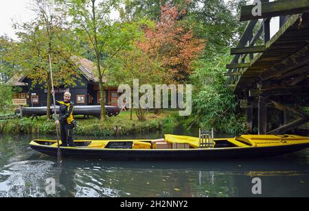 14 octobre 2021, Brandebourg, Lübbenau: Andrea Bunar, la Deutsche Post living woman, est à l'extérieur dans sa barge de courrier jaune dans le Spreewald d'automne.L'automne est ici et avec elle la fin de la saison de livraison de barges dans le Spreewald.Le 15 octobre 2021, la postfemme Andrea Bunar montera dans la barge jaune pour la dernière fois cette année.Jusqu'au printemps, l'homme de 50 ans devra se rapprocher autant que possible des maisons et ensuite couvrir de plus longues distances à pied.A partir de maintenant, Deutsche Post utilisera le transporteur électrique Street Scooter lors de cette excursion.Cela signifie que les livraisons dans le SP Banque D'Images