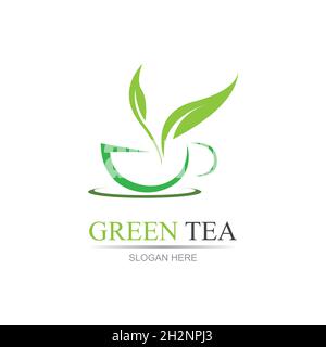 Feuille pousses vert bio thé mug feuille logo symbole design idée Green thé vecteur logo modèle.Motif avec symbole de feuille et de tasse. Illustration de Vecteur