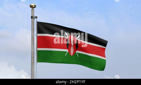 3D, drapeau kenyan agitant sur le vent avec le ciel bleu et les nuages.Banderole kényane, douce et lisse.Tissu texture ensign arrière-plan.Utilisez-le pour Banque D'Images