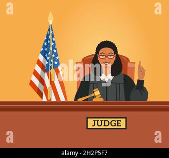 Juge de la femme noire dans la salle d'audience au tribunal avec le gavel et le drapeau américain pointe le doigt vers le haut prononçant le jugement.Fond de caricature judiciaire.Civil et Illustration de Vecteur