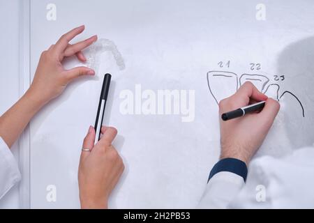 Deux chercheurs odontologues étudient l'anatomie dentaire sur un tableau blanc. Banque D'Images