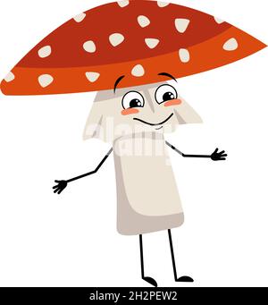 Adorable personnage amanita avec des émotions joyeuses, un visage souriant, des yeux heureux, des bras et des jambes. Mouche agarique Mushroom de la forêt avec l'expression aimable Illustration de Vecteur