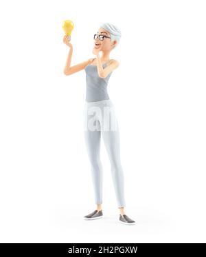 femme senior en 3d regardant une ampoule, illustration isolée sur fond blanc Banque D'Images