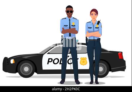 Hommes et femmes COP debout à côté de la voiture de police, policier et Policewoman en illustration uniforme Illustration de Vecteur