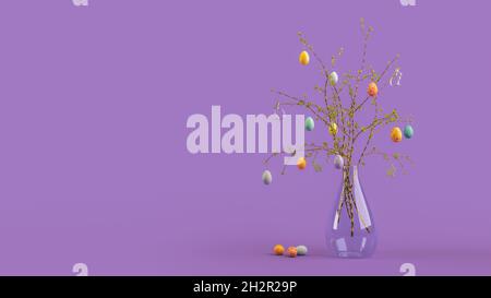 illustration 3d ou rendu de nombreux œufs de pâques colorés dans un vase avec branches ou arbre avec espace de copie Banque D'Images