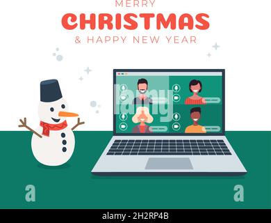 Message d'accueil en ligne de Noël. Les personnes se réunissent en ligne avec leur famille ou leurs amis lors d'une discussion virtuelle sur ordinateur portable. Joyeux Noël en toute sécurité Illustration de Vecteur
