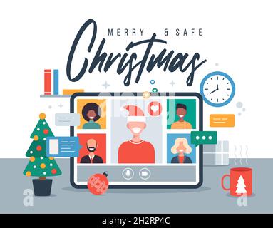 Illustration de Noël en ligne sur tablette.Joyeux Noël nouveau concept normal avec conférence.Un groupe de personnes en costume d'hiver se réunit Illustration de Vecteur