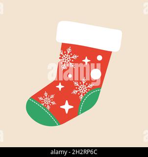 Chaussette de Noël rouge et verte décorée avec un motif.Chaussette de noël vide avec fourrure et patchs isolés sur blanc Illustration de Vecteur