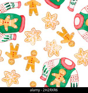 Motif aquarelle sans couture dessiné à la main avec pull de Noël laid.Rouge vert traditionnel couleurs pour le nouvel an fond de célébration avec des cannes Holly cookies ornements.Design rétro brillant pour papier d'emballage textile Banque D'Images