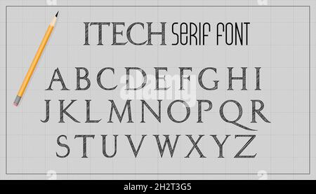 Police d'architecture BluePrint. Lettres majuscules sérif. Arrière-plan de conception de plan vectoriel d'esquisse. Illustration de Vecteur