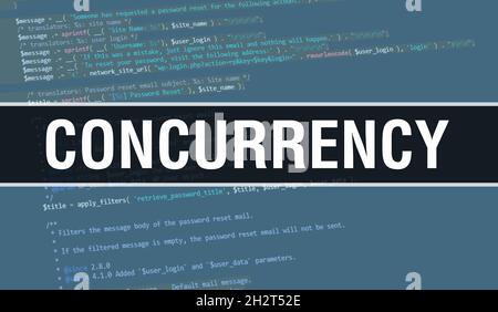 Concept de simultanéité avec des parties aléatoires du code de programme.texte de simultanéité écrit sur le code de programmation résumé de la technologie de base du développement de logiciel Banque D'Images
