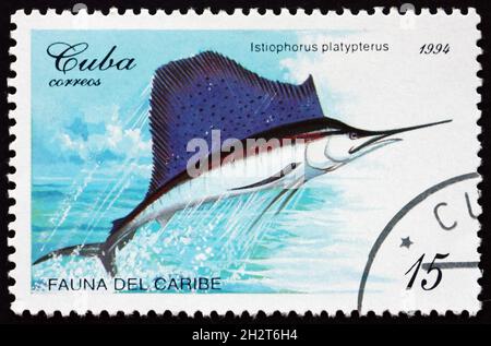 CUBA - VERS 1990 : un timbre imprimé à Cuba montre le voilier Indo-Pacifique, istiophorus platypterus, poisson, vers 1990 Banque D'Images