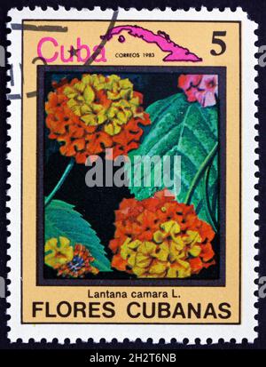 CUBA - VERS 1983 : un timbre imprimé à Cuba montre la sauge sauvage, la lantana camara, plante à fleurs, vers 1983 Banque D'Images