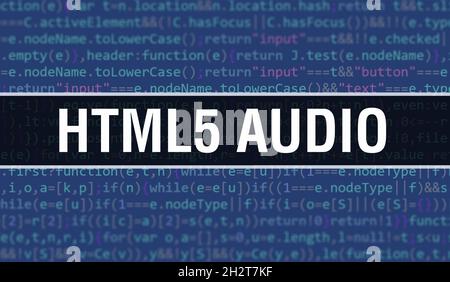 Illustration du concept audio HTML5 utilisant du code pour le développement de programmes et d'applications.Code de site Web audio HTML5 avec balises colorées dans la vue du navigateur sur fond sombre Banque D'Images