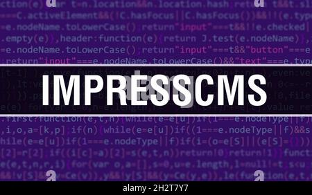 Illustration de concept ImpressCMS utilisant le code pour le développement de programmes et d'applications.ImpressCMS code de site Web avec des balises colorées dans la vue de navigateur sur sombre backgr Banque D'Images