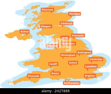 Carte vectorielle du Royaume-Uni avec les principales villes Illustration de Vecteur