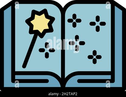 Icône livre ouvert et baguette magique.Contour livre ouvert et baguette magique vecteur icône couleur plat isolé Illustration de Vecteur