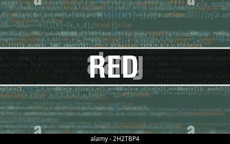 Texte rouge écrit sur le code de programmation résumé technologie de fond de développeur de logiciel et de script d'ordinateur.Concept rouge de code sur le moniteur d'ordinateur Banque D'Images