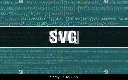 Illustration du concept SVG utilisant du code pour le développement de programmes et d'applications.Code de site Web SVG avec balises colorées en vue navigateur sur fond sombre.SVG sur b Banque D'Images